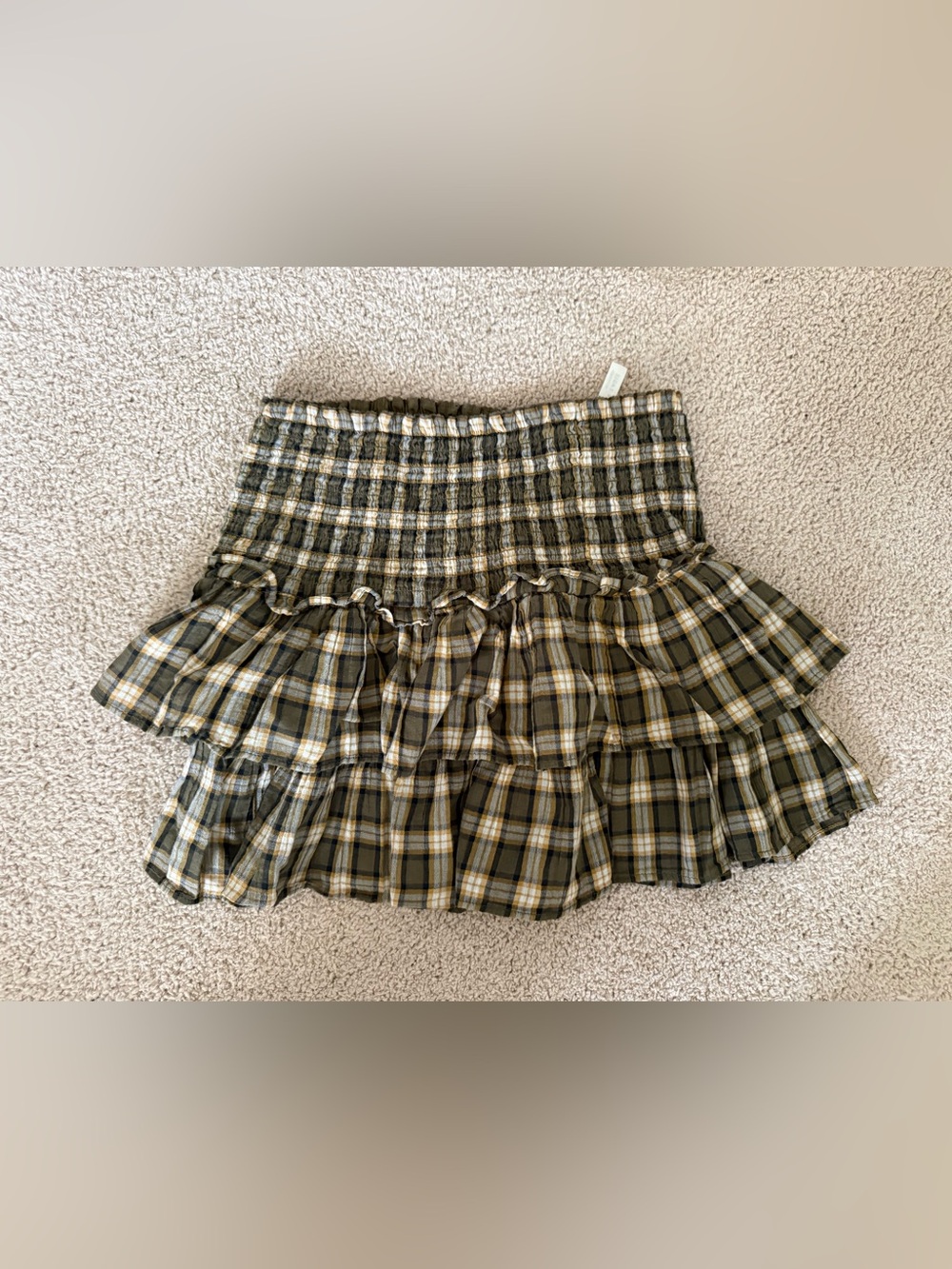 American Eagle Outfitters Olive Plaid Ruffled Mini Skirt